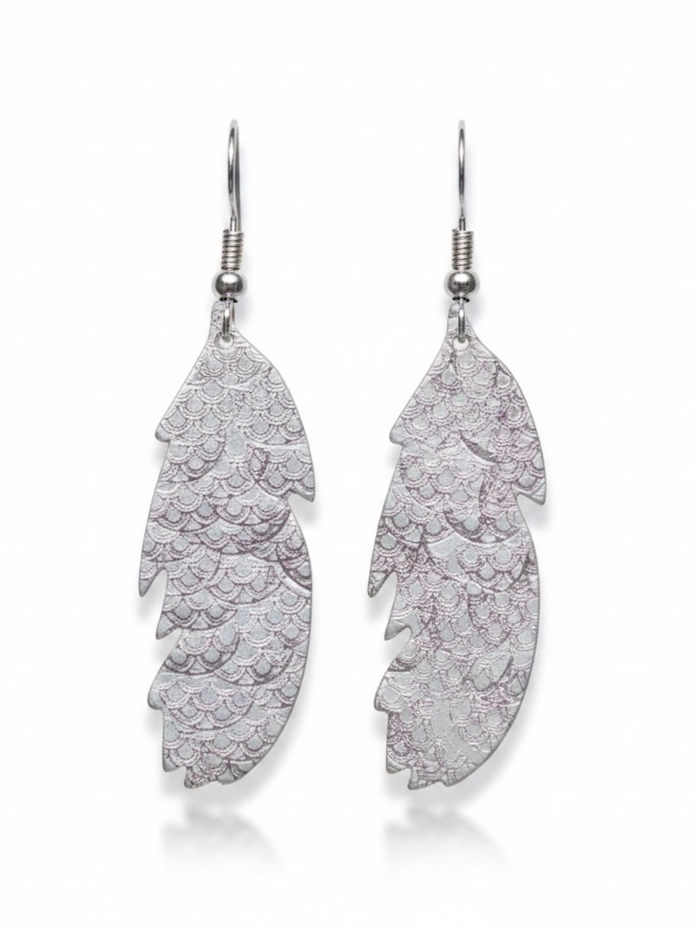 Handmade stamped silver mermaid scales feather hook hypoallergenic earrings